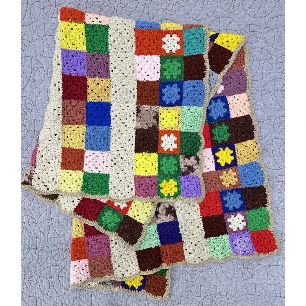 Vintage Handmade Crochet Granny Square Afghan Blanket Multicolor Rainbow Throw‎
